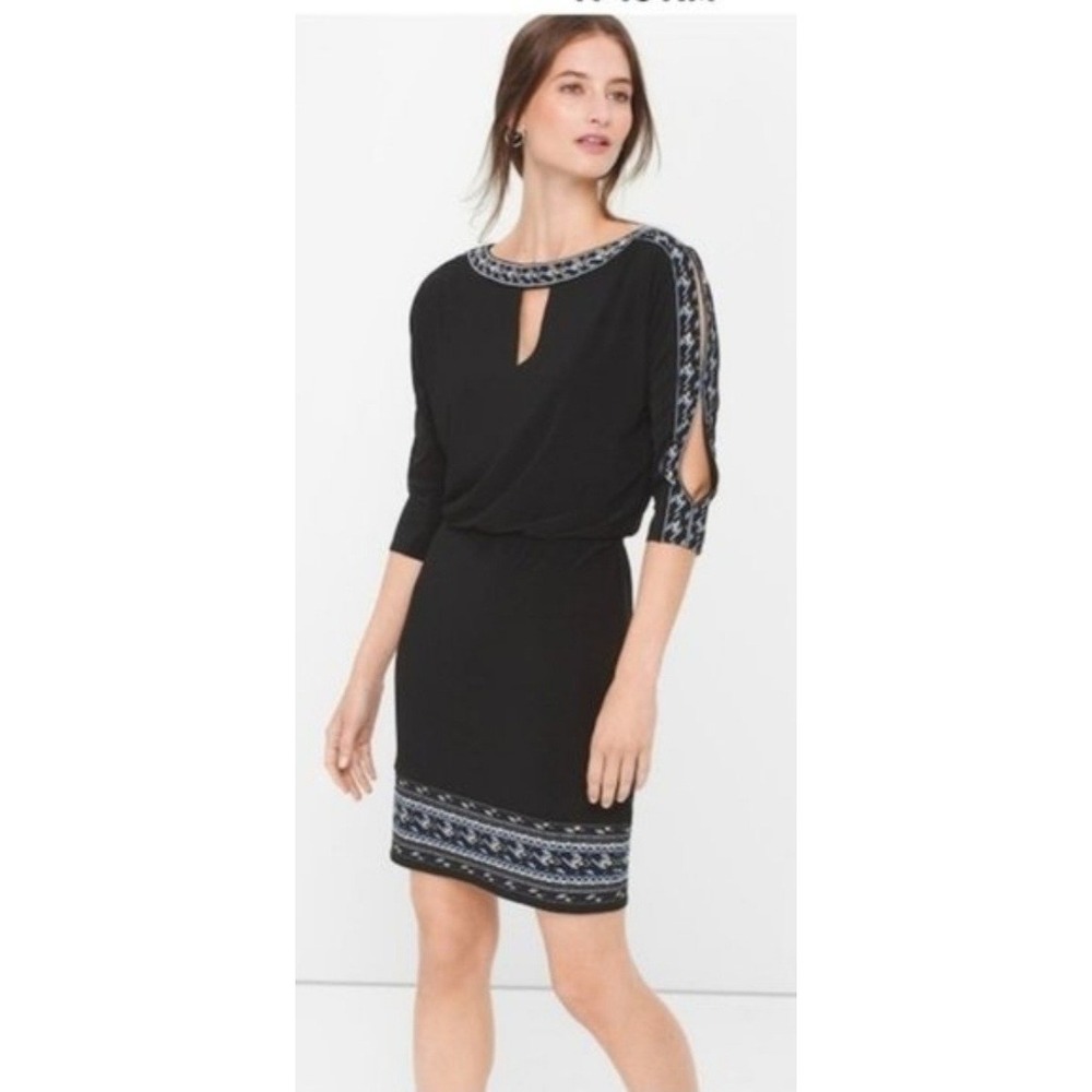 White House Black Market Dress Womens XSP Black Blue Gold Cold Shoulder